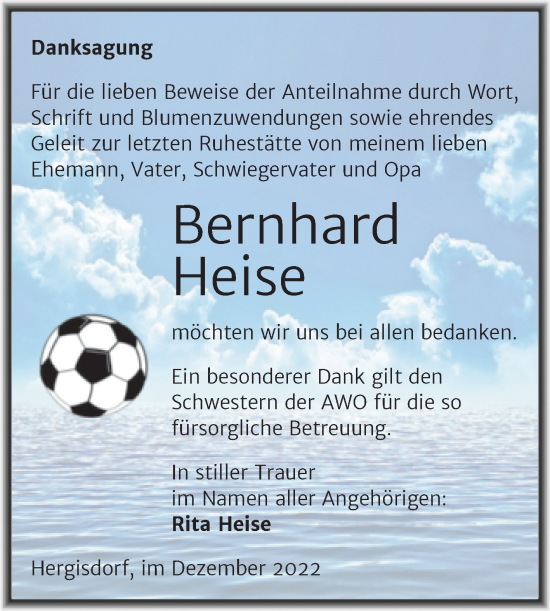 Traueranzeige von Bernhard Heise von Trauerkombi Mansfelder Land