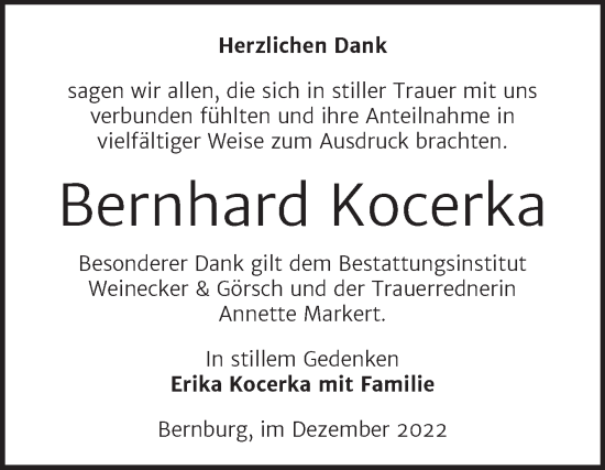 Traueranzeige von Bernhard Kocerka von Trauerkombi Bernburg