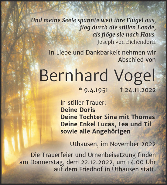 Traueranzeige von Bernhard Vogel von Trauerkombi Wittenberg