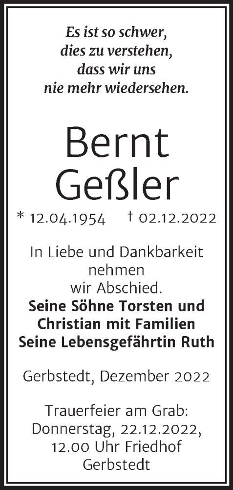 Traueranzeige von Bernt Geßler von Trauerkombi Mansfelder Land