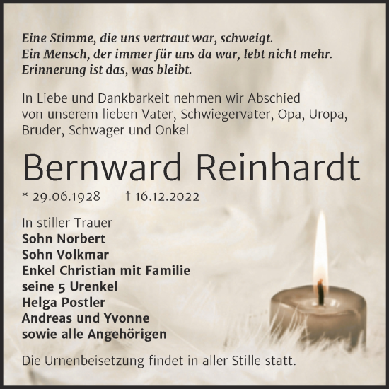 Traueranzeige von Bernward Reinhardt von Mitteldeutsche Zeitung Köthen