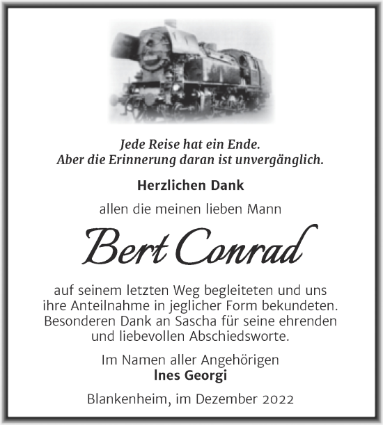 Traueranzeige von Bert Conrad von Trauerkombi Sangerhausen