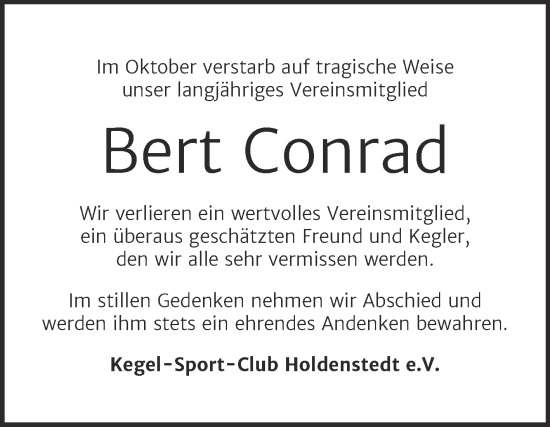 Traueranzeige von Bert Conrad von Super Sonntag Sangerhausen
