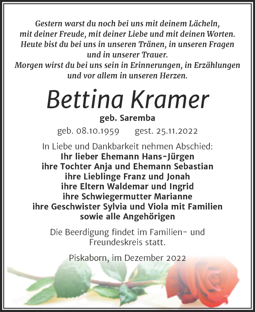  Traueranzeige für Bettina Kramer vom 03.12.2022 aus Trauerkombi Mansfelder Land