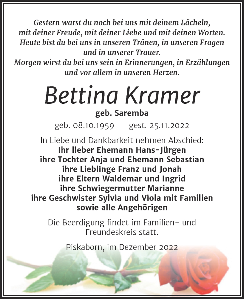  Traueranzeige für Bettina Kramer vom 01.12.2022 aus Trauerkombi Mansfelder Land