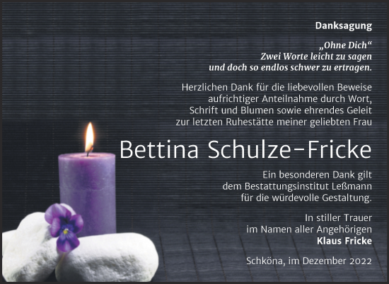 Traueranzeige von Bettina Schulze-Fricke von Trauerkombi Wittenberg