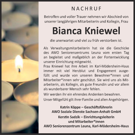 Traueranzeige von Bianca Kniewel von Super Sonntag Merseburg/Querfurt