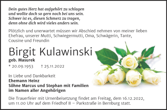 Traueranzeige von Birgit Kulawinski von Trauerkombi Bernburg