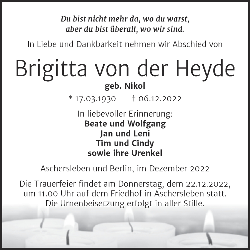  Traueranzeige für Brigitta von der Heyde vom 10.12.2022 aus Trauerkombi Aschersleben