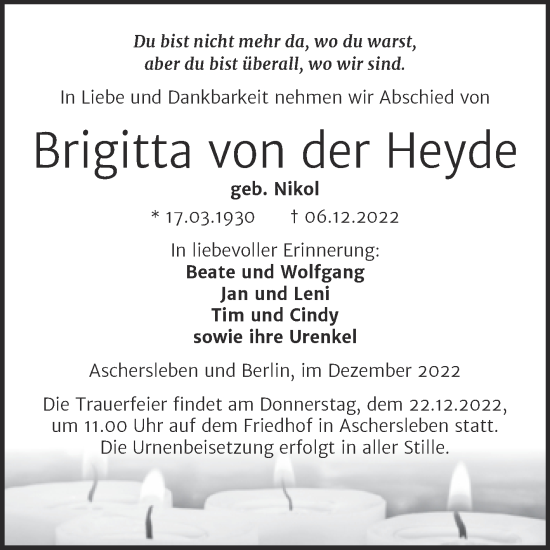Traueranzeige von Brigitta von der Heyde von Trauerkombi Aschersleben