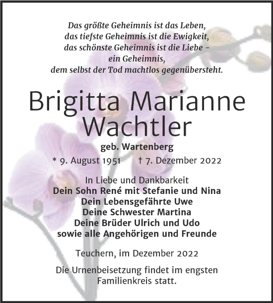 Traueranzeige von Brigitta Marianne Wachtler von Trauerkombi Weißenfels