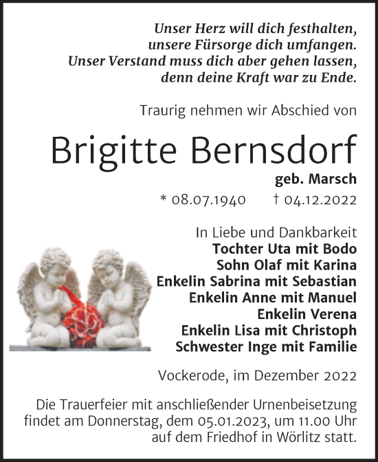 Traueranzeige von Brigitte Bernsdorf von Trauerkombi Wittenberg