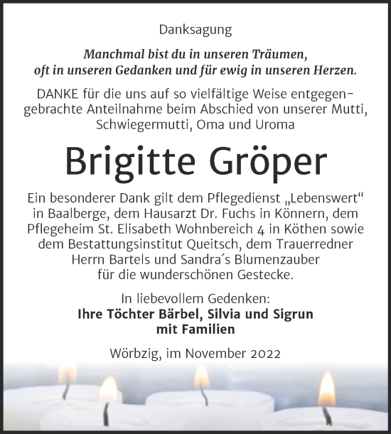 Traueranzeige von Brigitte Gröper von Trauerkombi Köthen