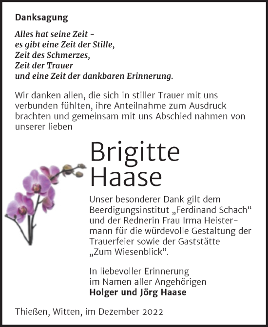 Traueranzeige von Brigitte Haase von Trauerkombi Wittenberg