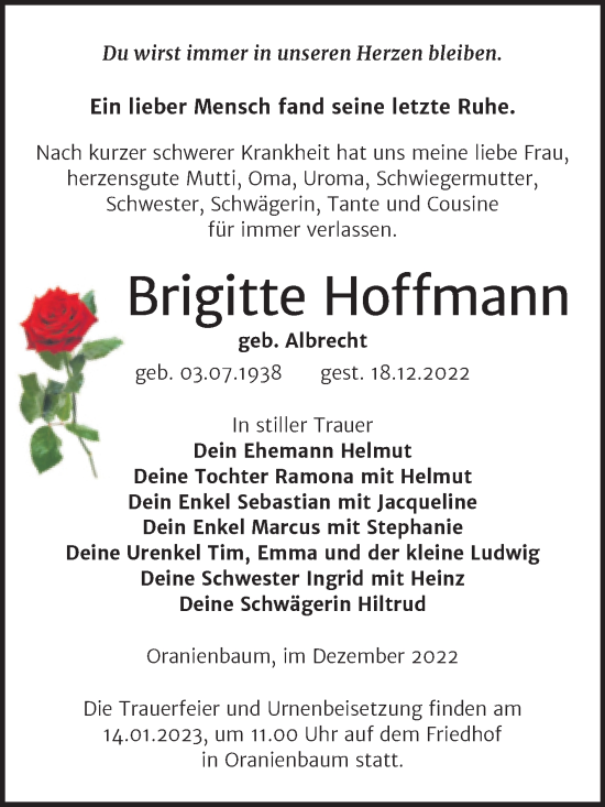 Traueranzeige von Brigitte Hoffmann von Trauerkombi Wittenberg