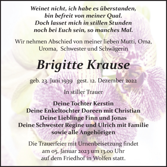 Traueranzeige von Brigitte Krause von Trauerkombi Bitterfeld