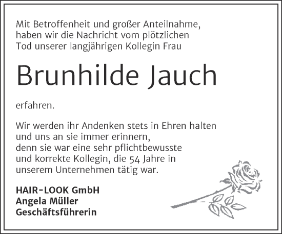 Traueranzeige von Brunhilde Jauch von Wochenspiegel Weißenfels