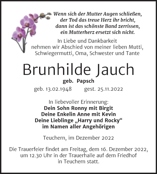 Traueranzeige von Brunhilde Jauch von Trauerkombi Weißenfels