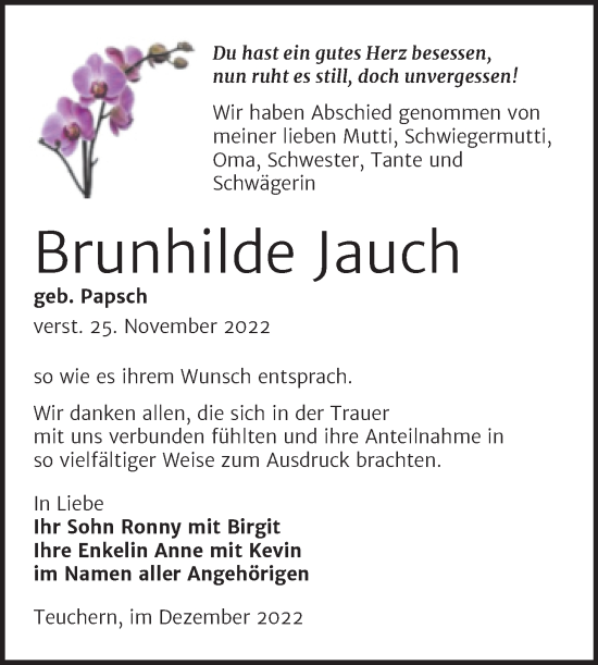 Traueranzeige von Brunhilde Jauch von Trauerkombi Weißenfels