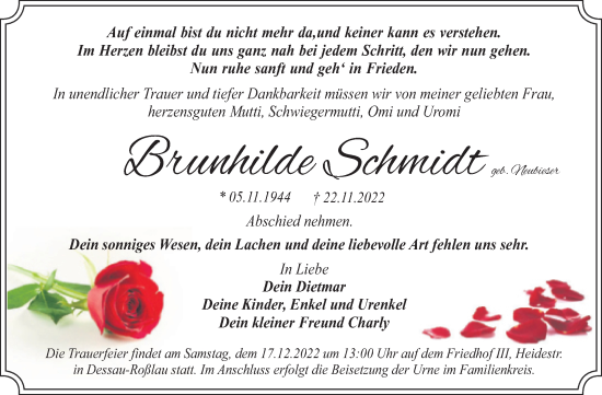 Traueranzeige von Brunhilde Schmidt von Trauerkombi Dessau