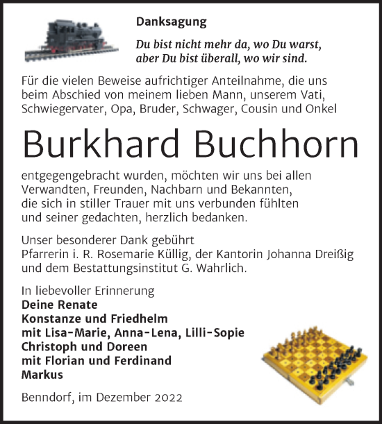 Traueranzeige von Burkhard Buchhorn von Trauerkombi Mansfelder Land