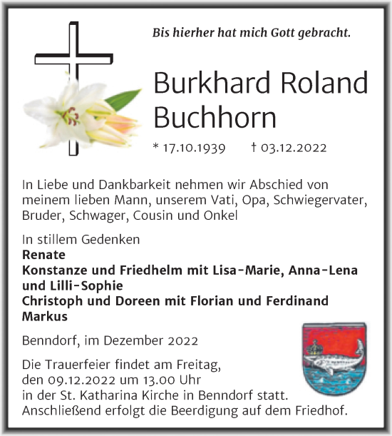 Traueranzeige von Burkhard Roland Buchhorn von Trauerkombi Mansfelder Land