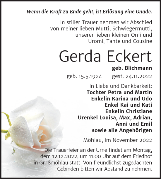 Traueranzeige von Gerda Eckert von Trauerkombi Wittenberg