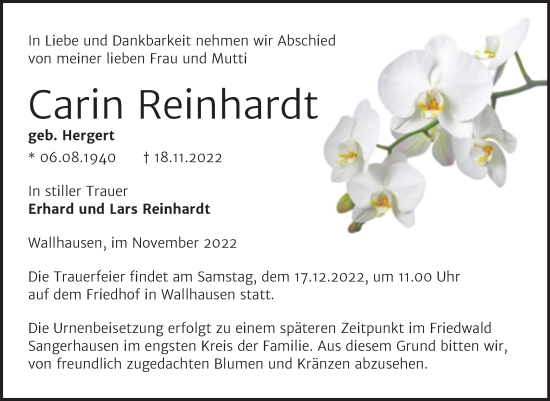 Traueranzeige von Carin Reinhardt von Mitteldeutsche Zeitung Sangerhausen