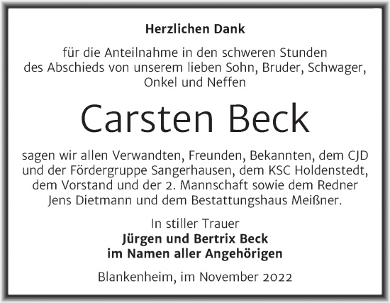 Traueranzeige von Carsten Beck von Trauerkombi Sangerhausen