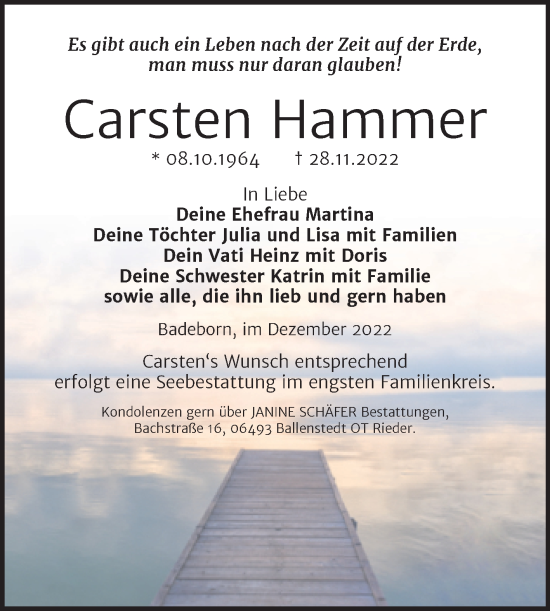 Traueranzeige von Carsten Hammer von Trauerkombi Quedlinburg
