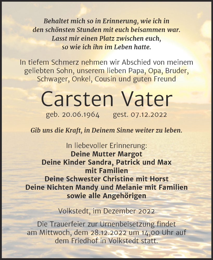  Traueranzeige für Carsten Vater vom 16.12.2022 aus Trauerkombi Mansfelder Land