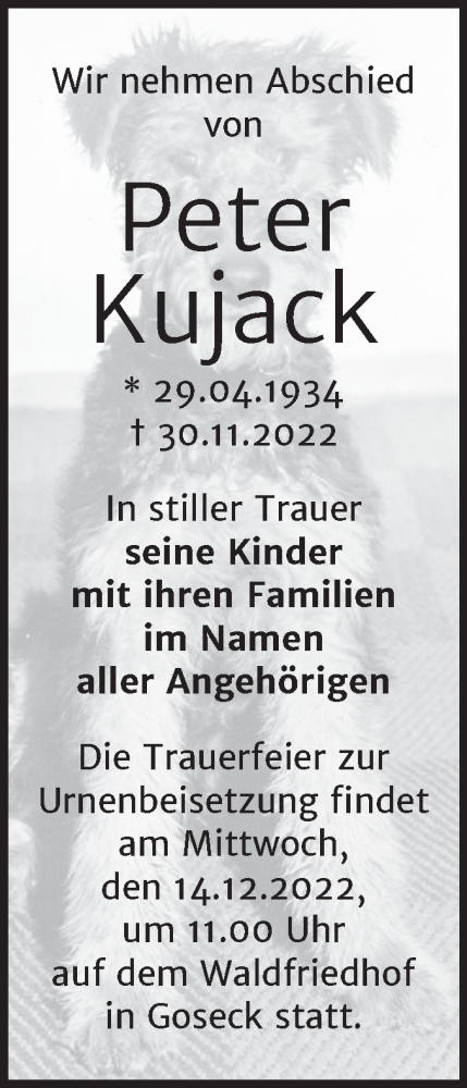 Traueranzeige von Peter Kujack von Trauerkombi Weißenfels