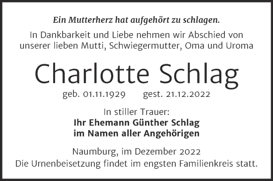 Traueranzeige von Charlotte Schlag von Naumburger Tageblatt