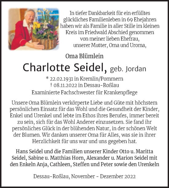 Traueranzeige von Charlotte Seidel von Trauerkombi Dessau