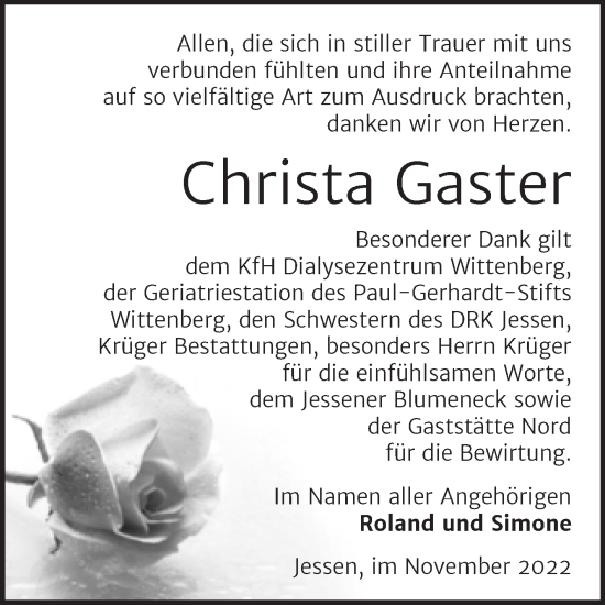 Traueranzeige von Christa Gaster von Trauerkombi Wittenberg