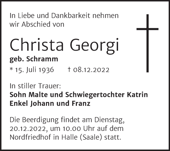 Traueranzeige von Christa Georgi von Mitteldeutsche Zeitung Halle/Saalkreis