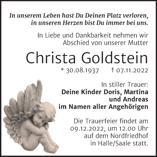Traueranzeige von Christa Goldstein von Mitteldeutsche Zeitung Halle/Saalkreis
