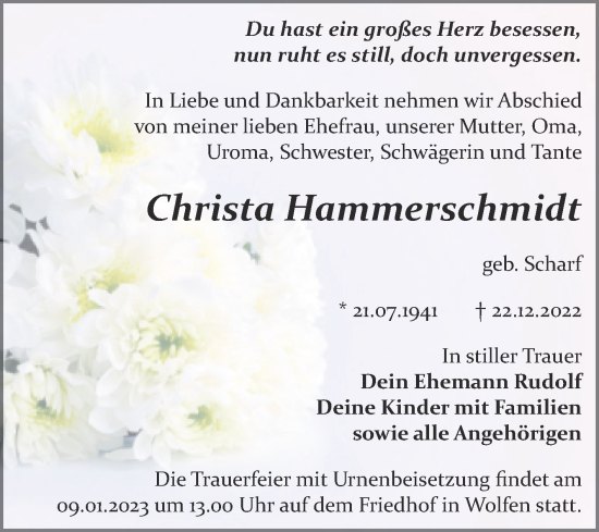 Traueranzeige von Christa Hammerschmidt von Trauerkombi Bitterfeld
