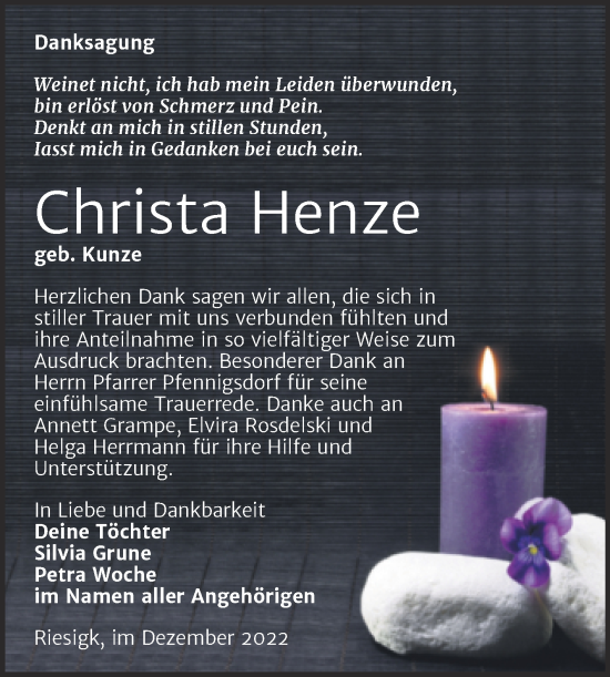 Traueranzeige von Christa Henze von Trauerkombi Wittenberg