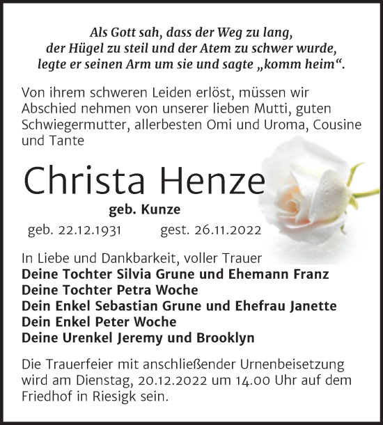 Traueranzeige von Christa Henze von Super Sonntag Wittenberg