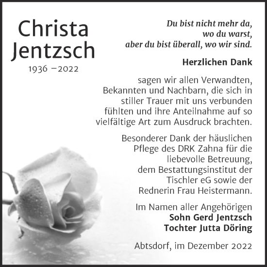 Traueranzeige von Christa Jentzsch von Trauerkombi Wittenberg