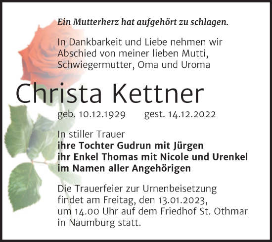 Traueranzeige von Christa Kettner von Wochenspiegel Naumburg/Nebra