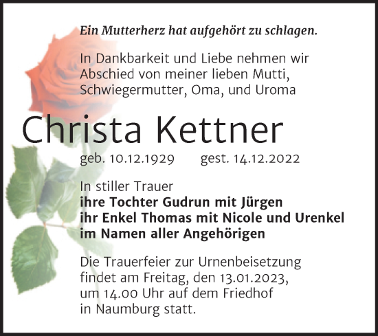 Traueranzeige von Christa Kettner von Wochenspiegel Naumburg/Nebra