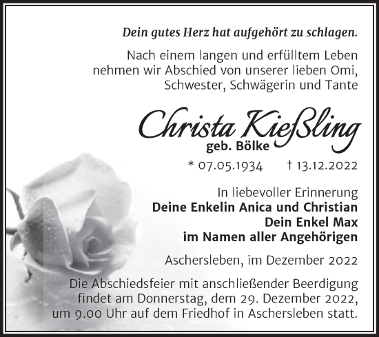 Traueranzeige von Christa Kießling von Trauerkombi Aschersleben