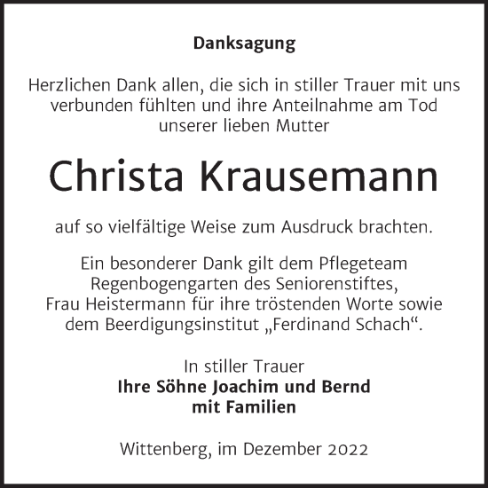 Traueranzeige von Christa Krausemann von Trauerkombi Wittenberg