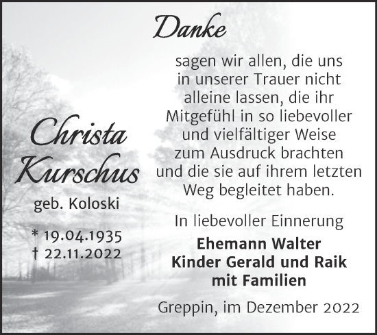 Traueranzeige von Christa Kurschus von Trauerkombi Bitterfeld