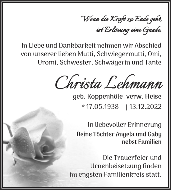Traueranzeige von Christa Lehmann von Trauerkombi Dessau