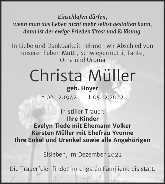 Traueranzeige von Christa Müller von Trauerkombi Mansfelder Land