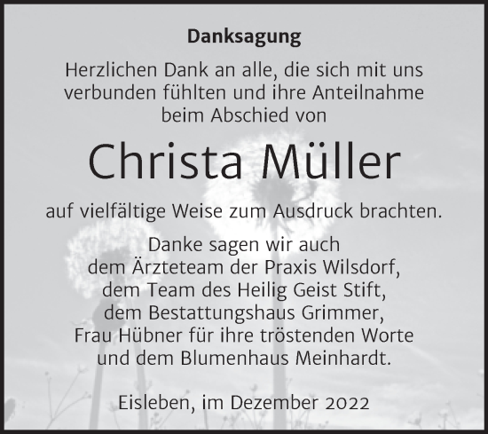 Traueranzeige von Christa Müller von Trauerkombi Mansfelder Land