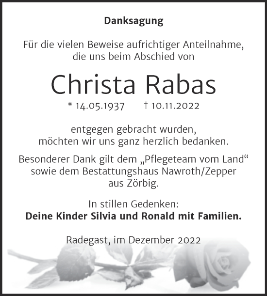 Traueranzeige von Christa Rabas von Trauerkombi Köthen